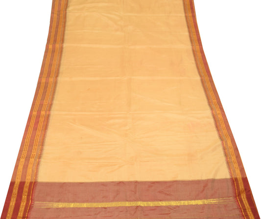 Sushila Vintage Beige Sari Remnant Scrap Hand Woven Soft Pure Silk Craft Fabric