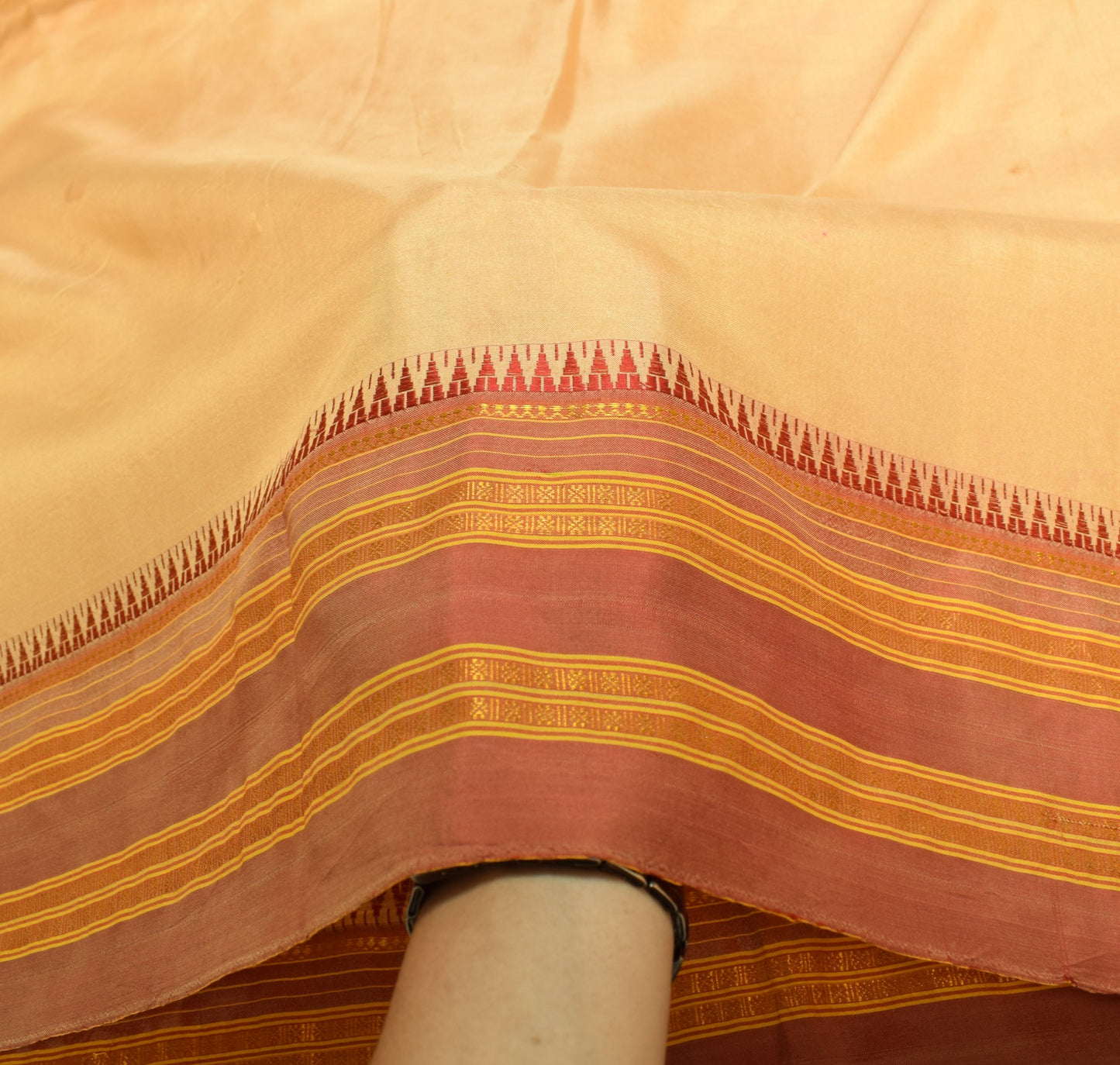 Sushila Vintage Beige Sari Remnant Scrap Hand Woven Soft Pure Silk Craft Fabric