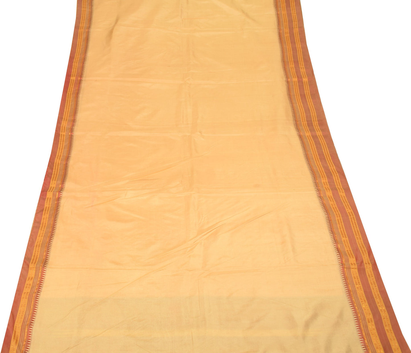 Sushila Vintage Beige Sari Remnant Scrap Hand Woven Soft Pure Silk Craft Fabric