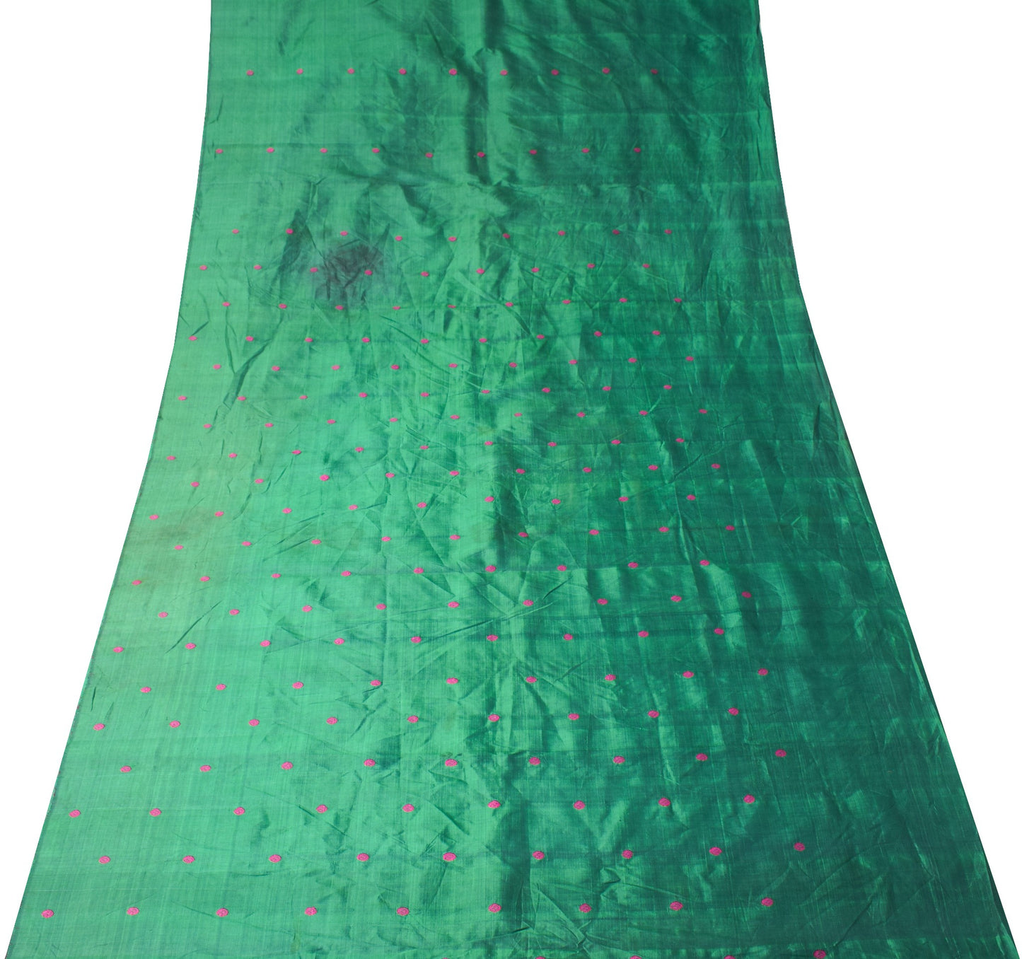Sushila Vintage Green Sari Remnant Scrap Hand Woven Soft Pure Silk Craft Fabric