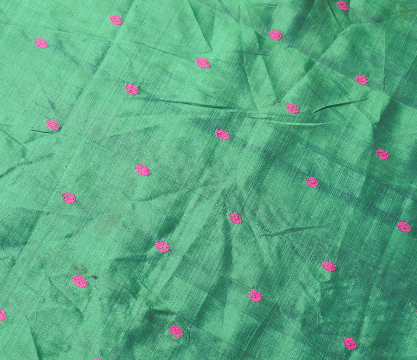 Sushila Vintage Green Sari Remnant Scrap Hand Woven Soft Pure Silk Craft Fabric