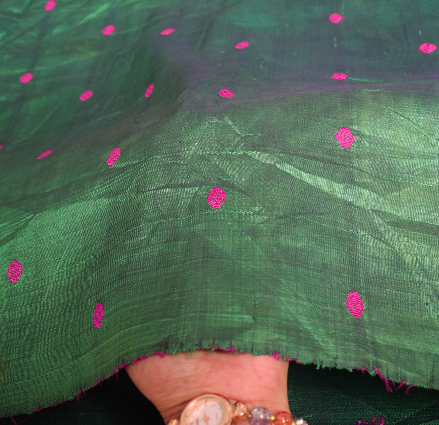 Sushila Vintage Green Sari Remnant Scrap Hand Woven Soft Pure Silk Craft Fabric