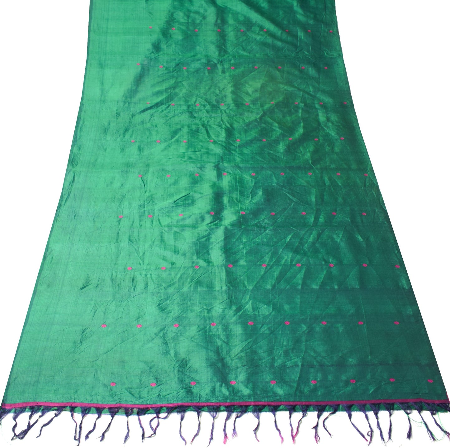 Sushila Vintage Green Sari Remnant Scrap Hand Woven Soft Pure Silk Craft Fabric