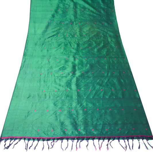 Sushila Vintage Green Sari Remnant Scrap Hand Woven Soft Pure Silk Craft Fabric