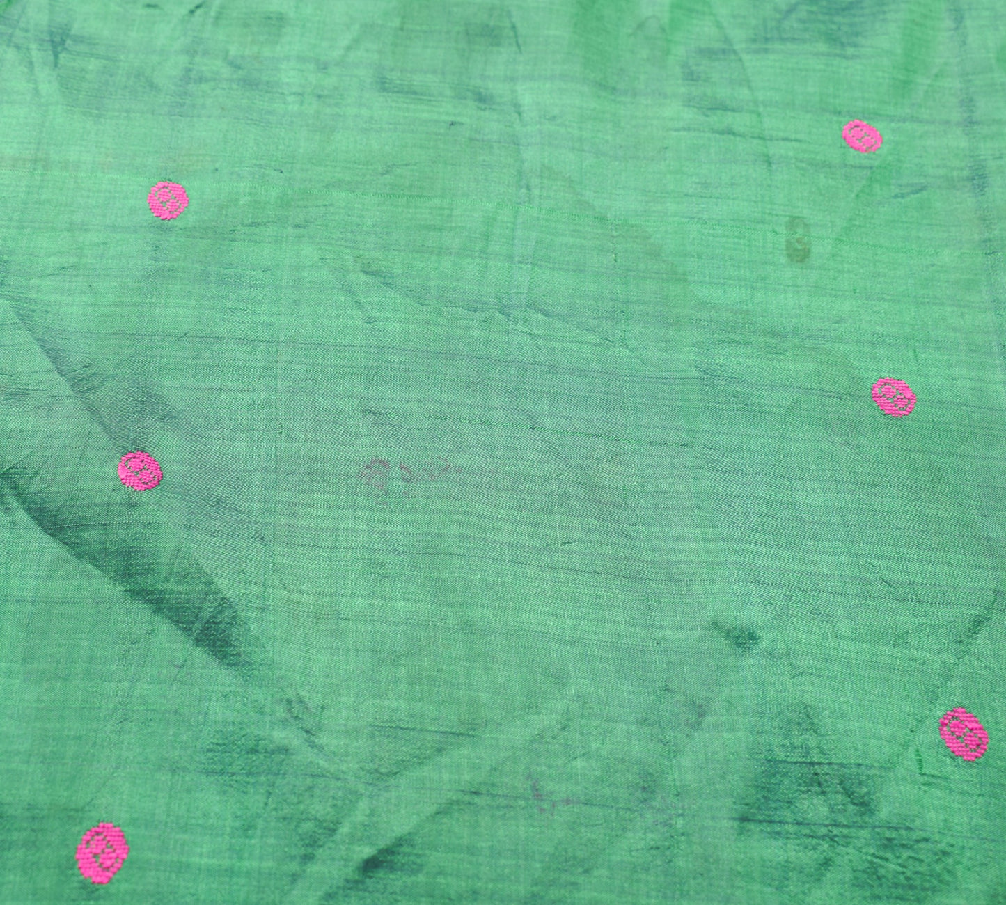 Sushila Vintage Green Sari Remnant Scrap Hand Woven Soft Pure Silk Craft Fabric