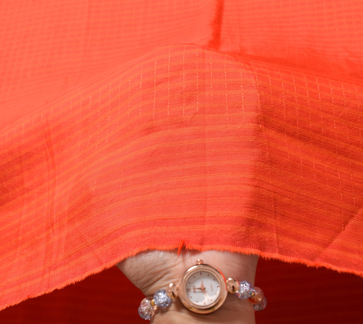 Sushila Vintage Pure Silk Sari Remnant Scrap Orange Hand woven Soft Craft Fabric