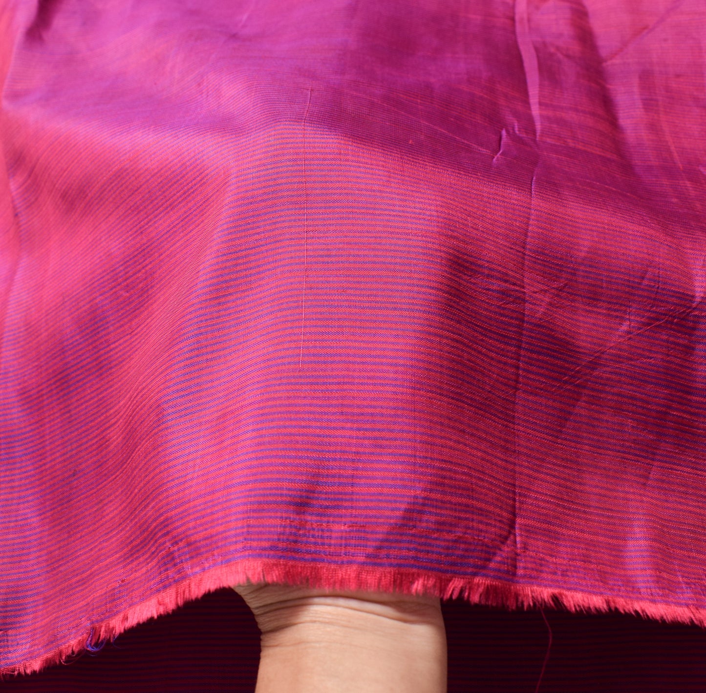 Sushila Vintage Pure Silk Sari Remnant Scrap Magenta Blue Stripes Craft Fabric