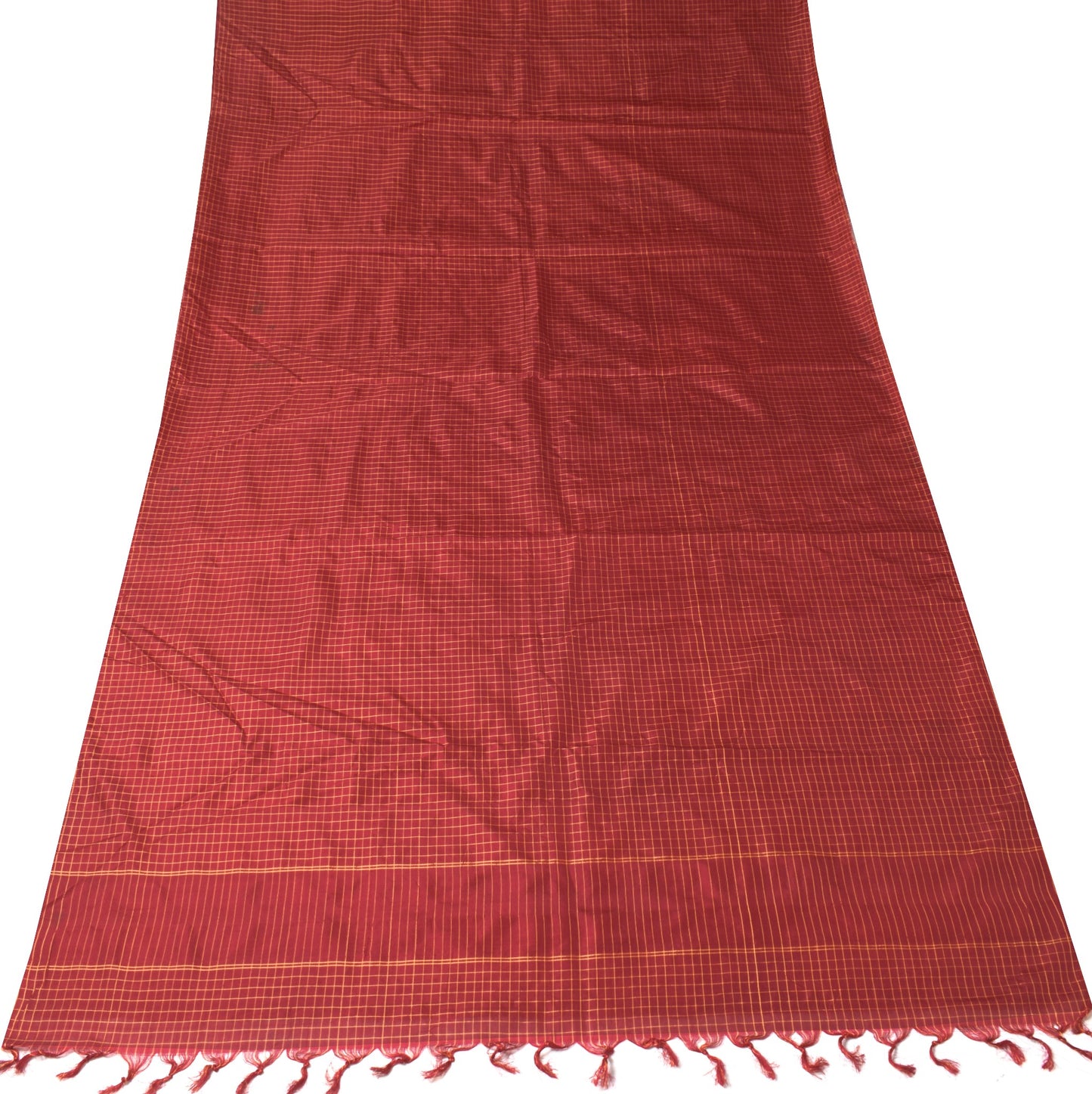 Sushila Vintage Checks Woven Sari Remnant Scrap Pure Silk Maroon Craft Fabric