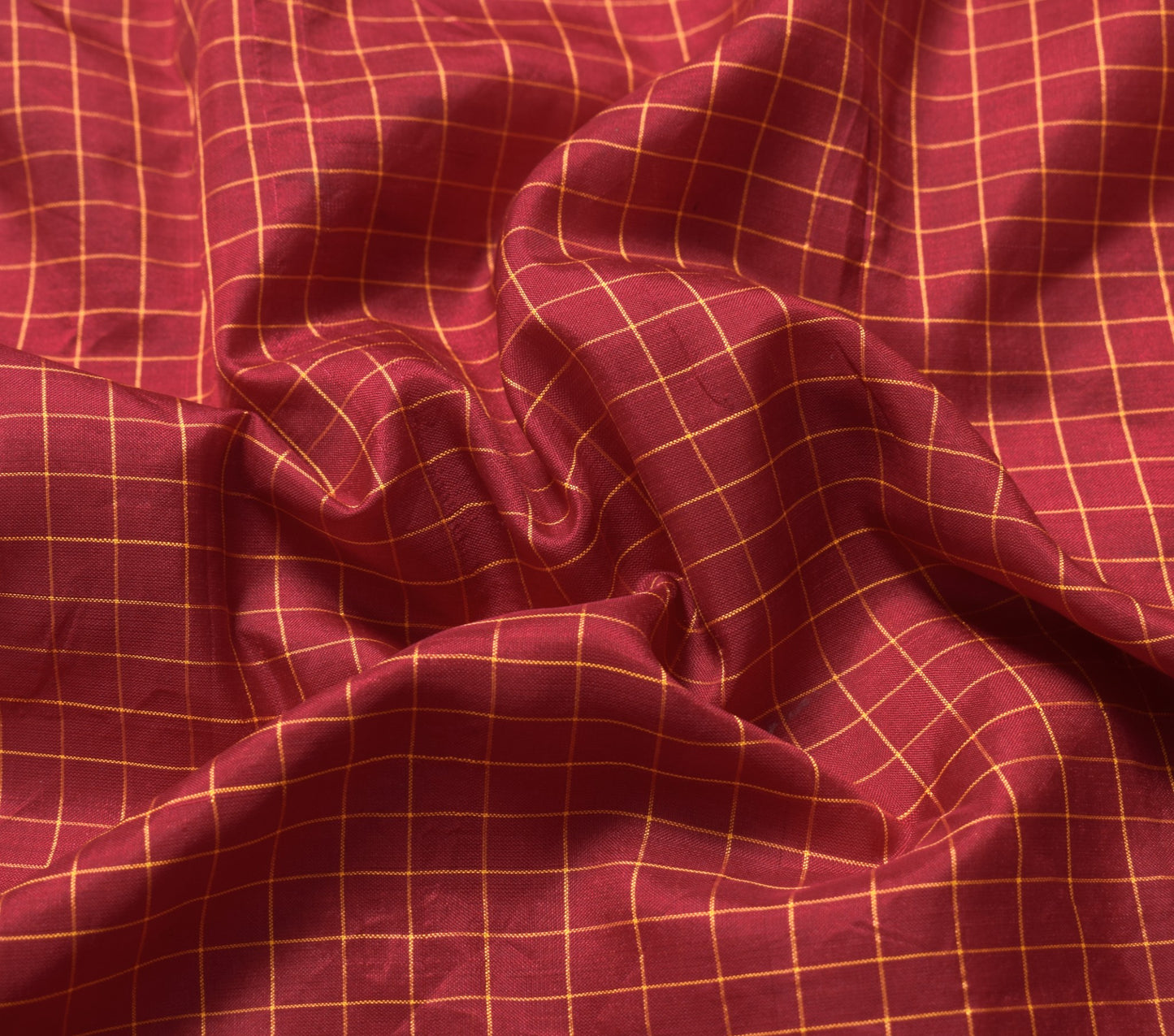Sushila Vintage Checks Woven Sari Remnant Scrap Pure Silk Maroon Craft Fabric