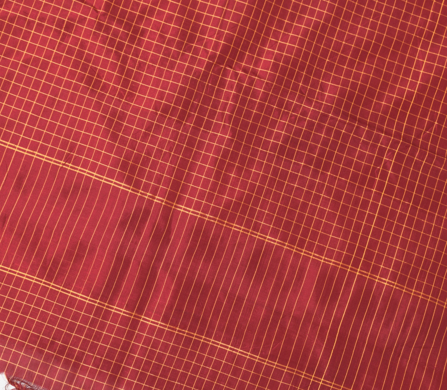 Sushila Vintage Checks Woven Sari Remnant Scrap Pure Silk Maroon Craft Fabric