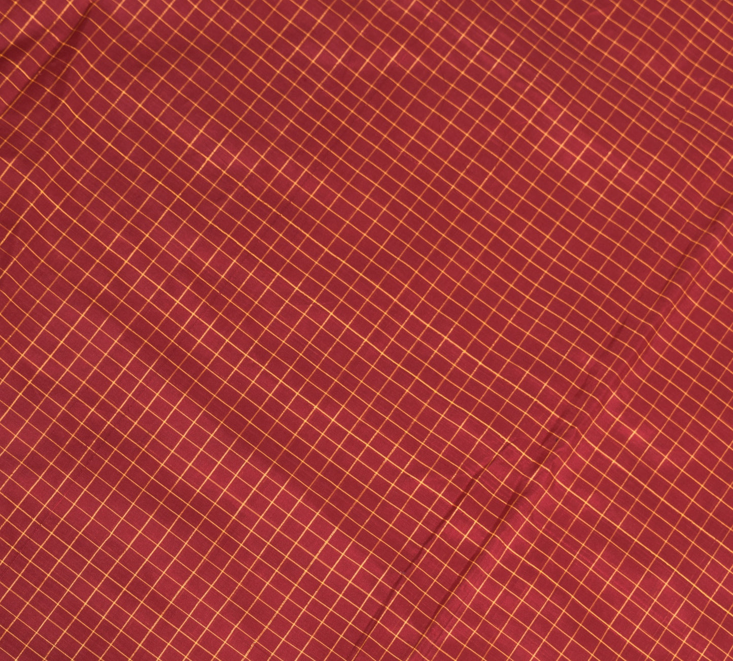 Sushila Vintage Checks Woven Sari Remnant Scrap Pure Silk Maroon Craft Fabric