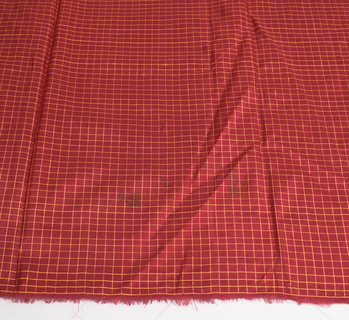 Sushila Vintage Checks Woven Sari Remnant Scrap Pure Silk Maroon Craft Fabric