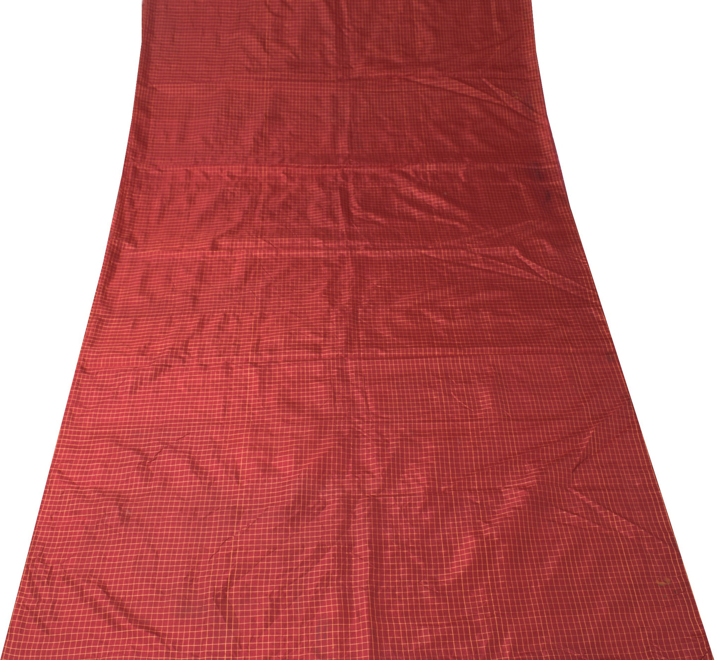 Sushila Vintage Checks Woven Sari Remnant Scrap Pure Silk Maroon Craft Fabric