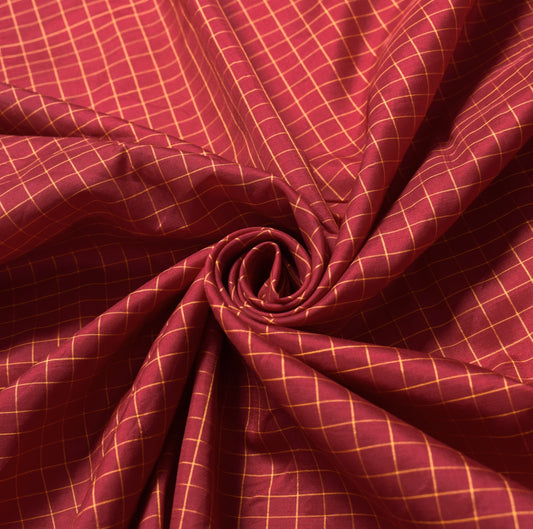 Sushila Vintage Checks Woven Sari Remnant Scrap Pure Silk Maroon Craft Fabric