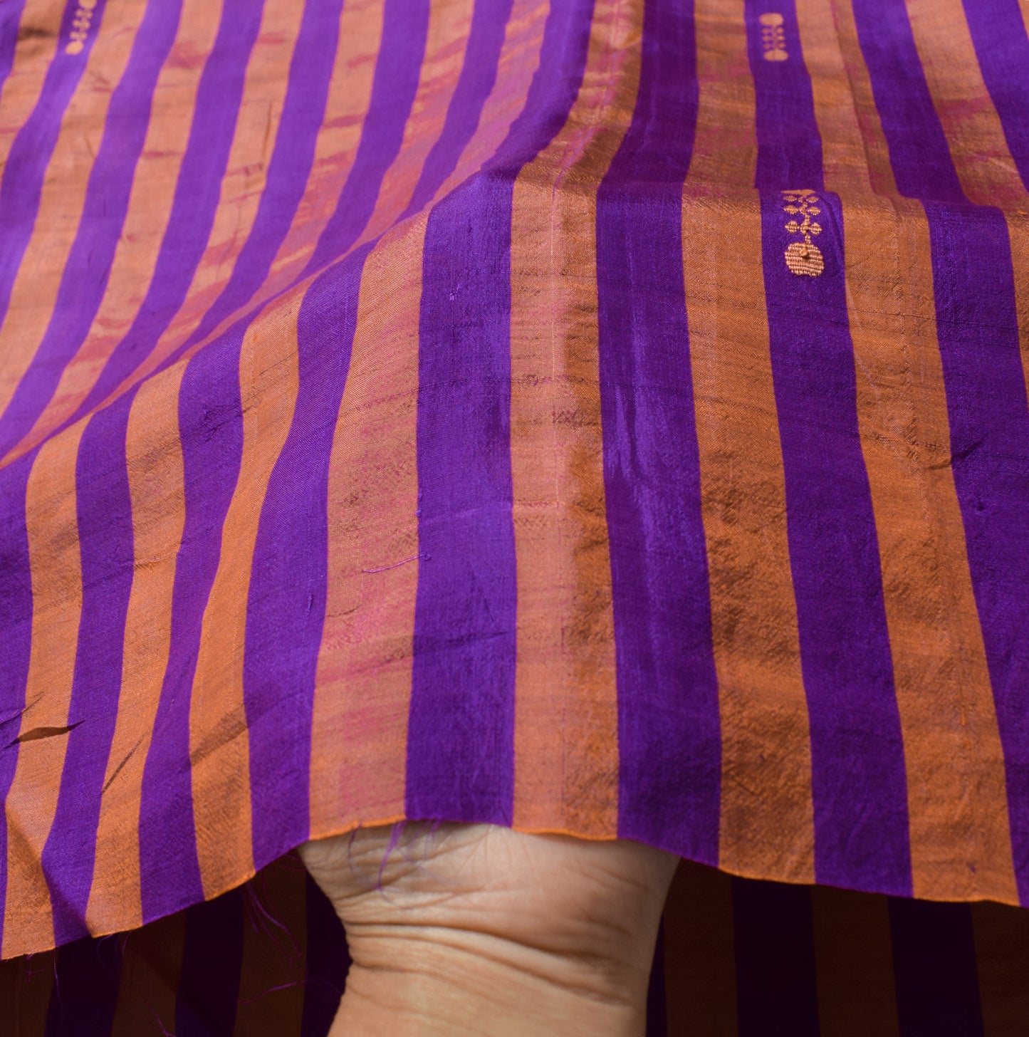 Sushila Vintage Purple Sari Remnant Scrap Stripes Woven Pure Silk Craft Fabric