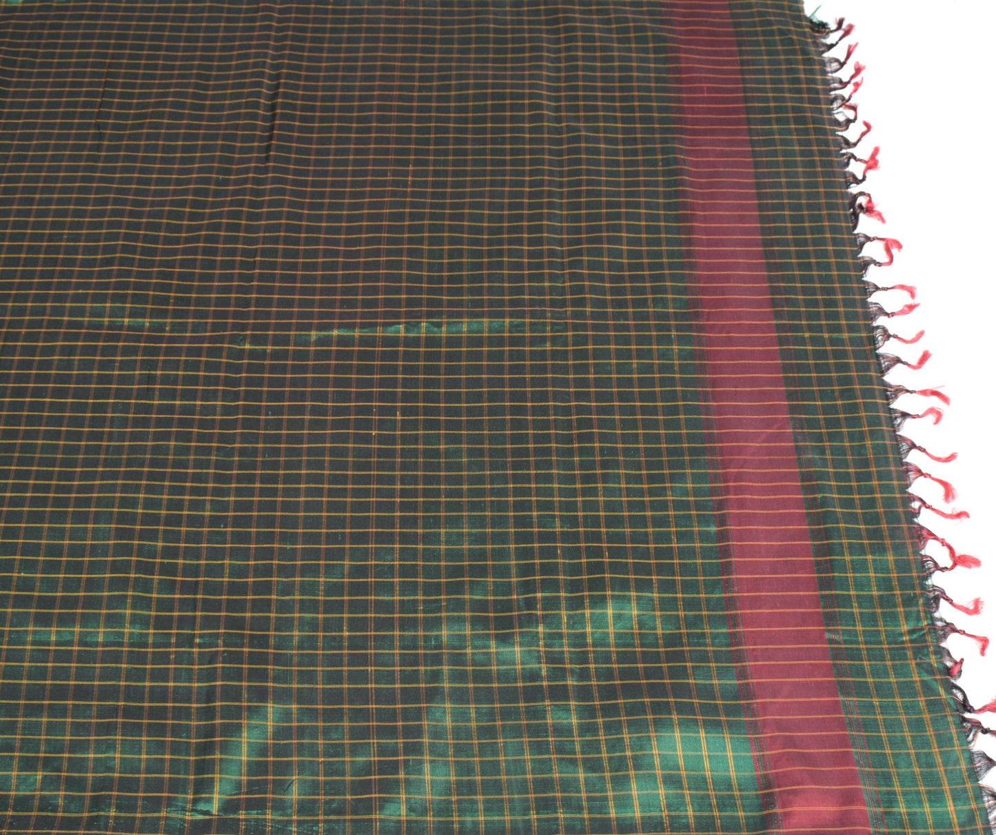 Sushila Vintage Green Sari Remnant Scrap Woven Checks 100%Pure Silk Craft Fabric