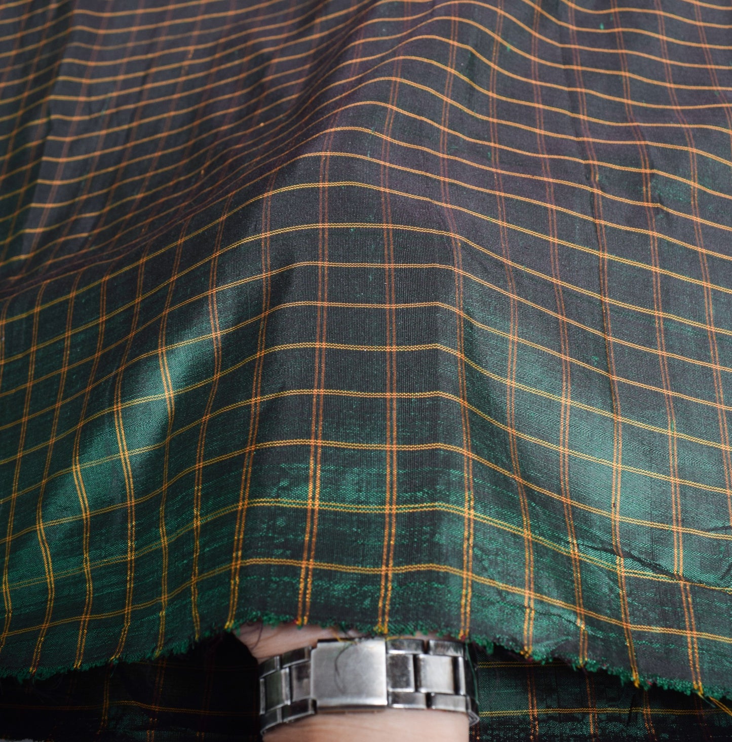 Sushila Vintage Green Sari Remnant Scrap Woven Checks 100%Pure Silk Craft Fabric