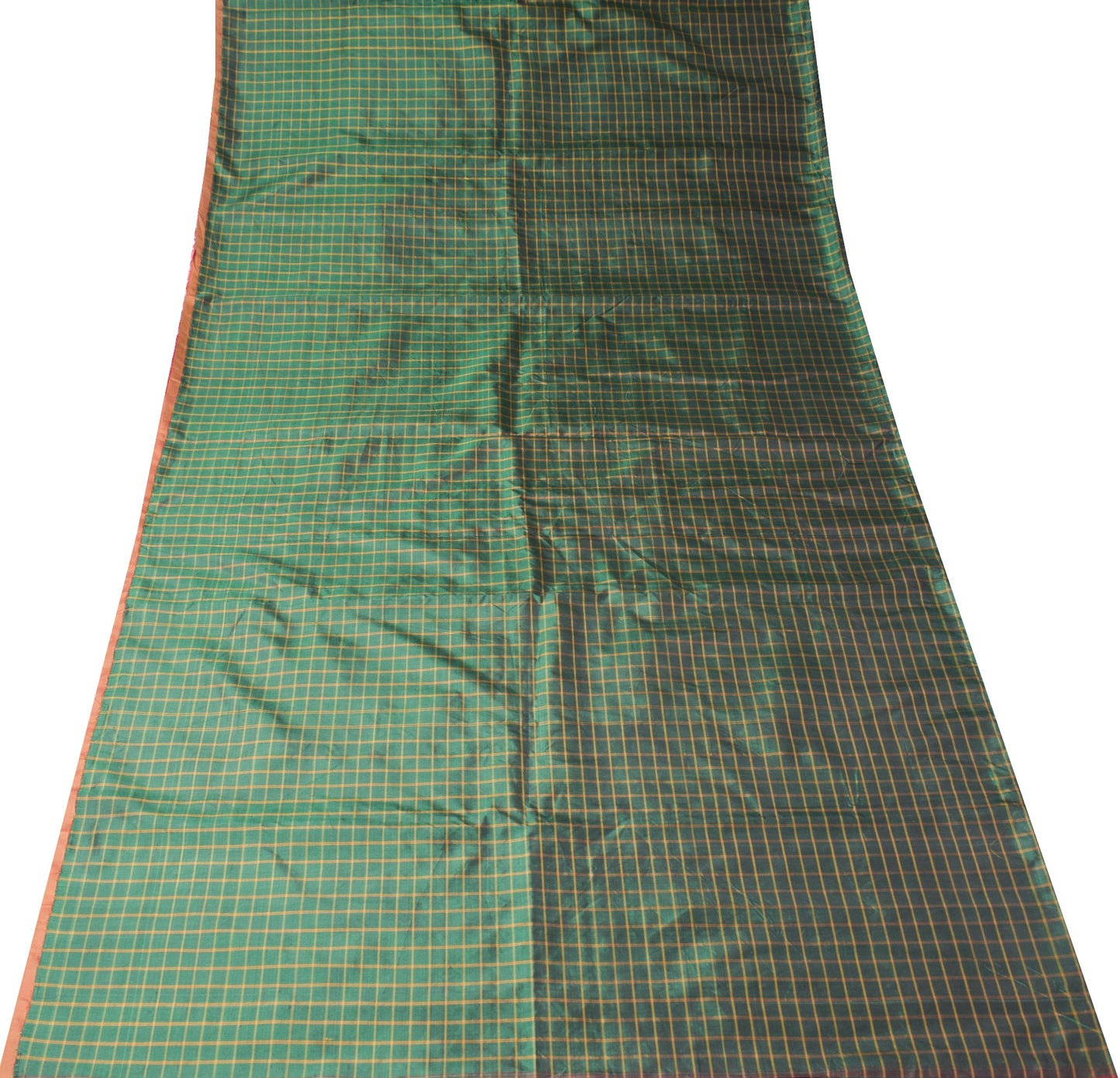 Sushila Vintage Green Sari Remnant Scrap Woven Checks 100%Pure Silk Craft Fabric