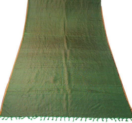 Sushila Vintage Green Sari Remnant Scrap Woven Pure Silk Checks Craft Fabric