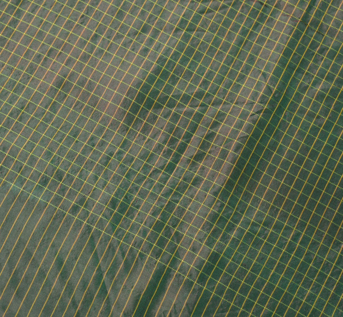 Sushila Vintage Green Sari Remnant Scrap Woven Pure Silk Checks Craft Fabric