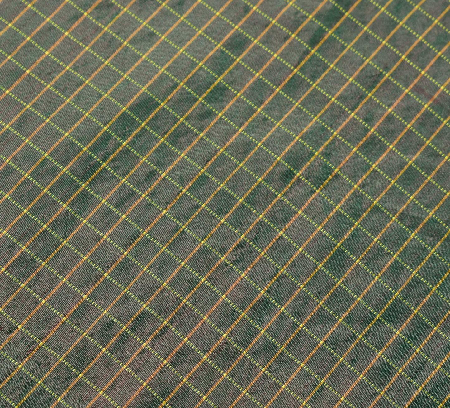 Sushila Vintage Green Sari Remnant Scrap Woven Pure Silk Checks Craft Fabric