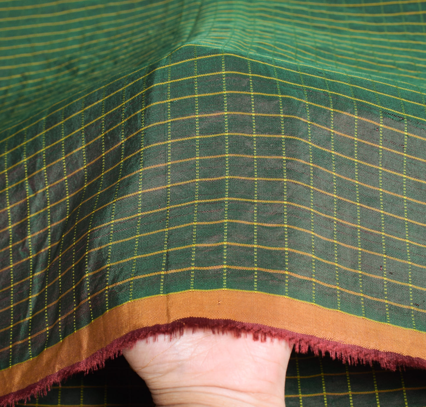 Sushila Vintage Green Sari Remnant Scrap Woven Pure Silk Checks Craft Fabric