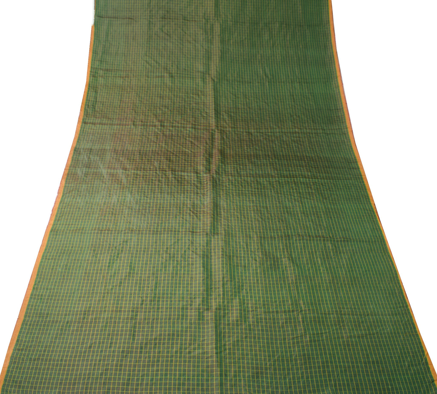 Sushila Vintage Green Sari Remnant Scrap Woven Pure Silk Checks Craft Fabric
