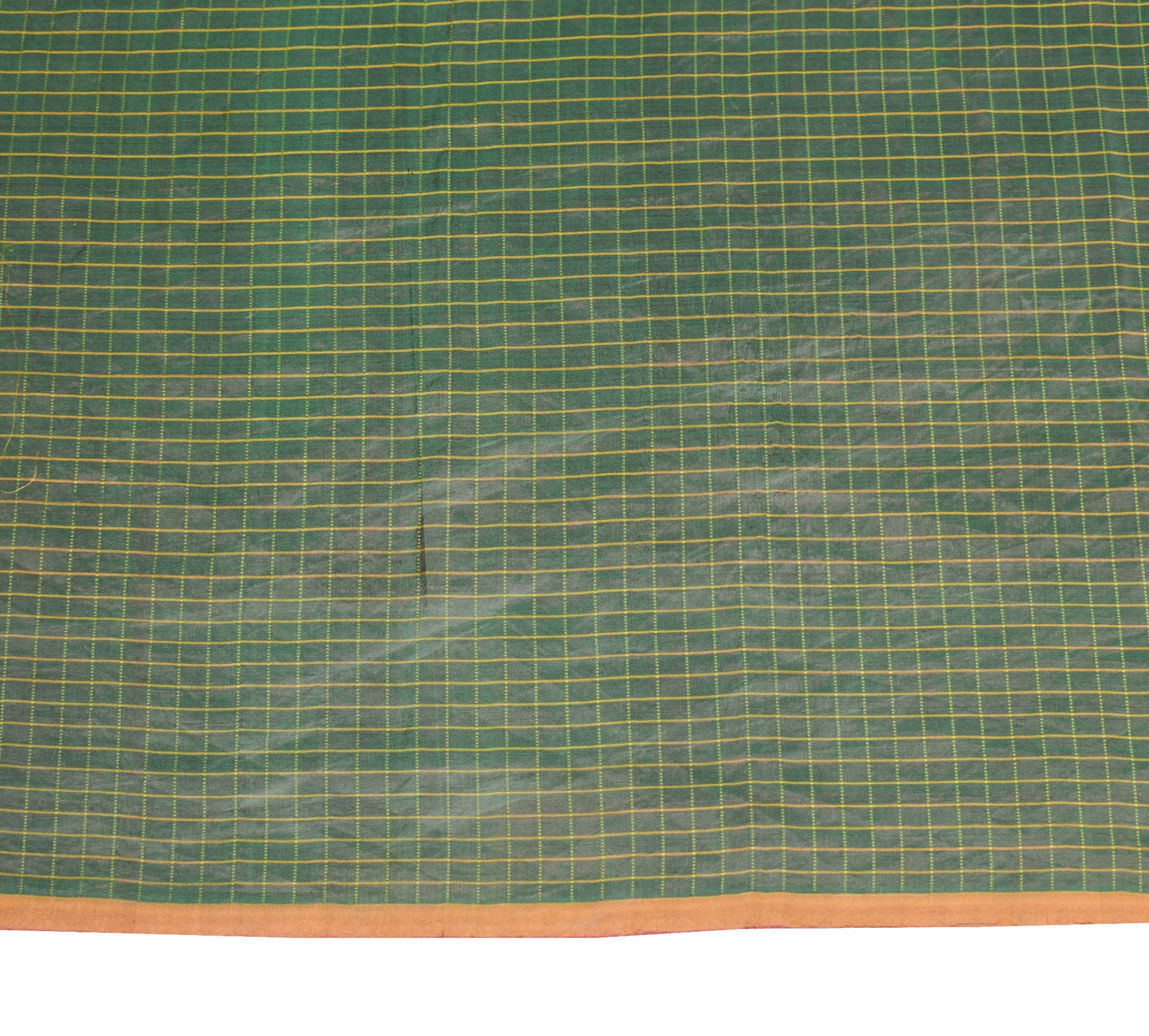 Sushila Vintage Green Sari Remnant Scrap Woven Pure Silk Checks Craft Fabric
