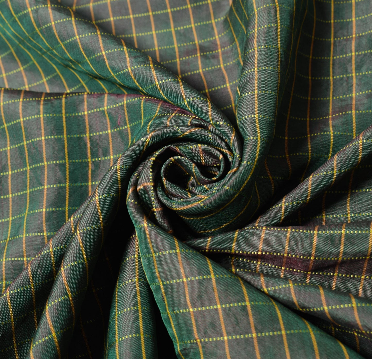 Sushila Vintage Green Sari Remnant Scrap Woven Pure Silk Checks Craft Fabric