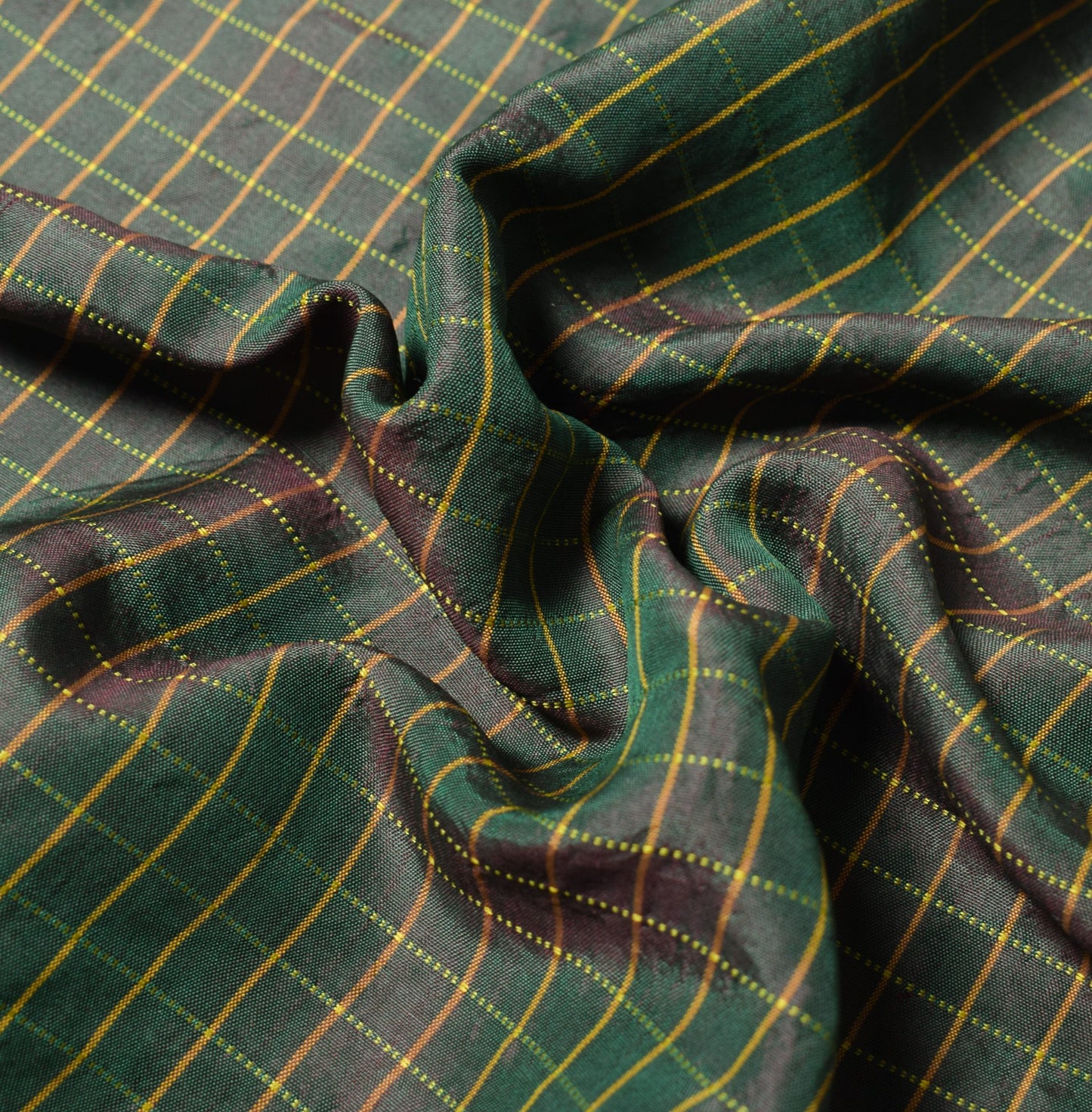 Sushila Vintage Green Sari Remnant Scrap Woven Pure Silk Checks Craft Fabric