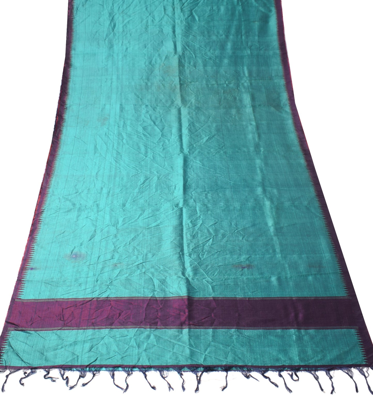 Sushila Vintage Teal Green Sari Remnant Scrap Hand Woven Pure Silk Craft Fabric