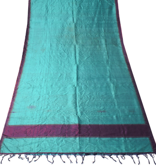 Sushila Vintage Teal Green Sari Remnant Scrap Hand Woven Pure Silk Craft Fabric