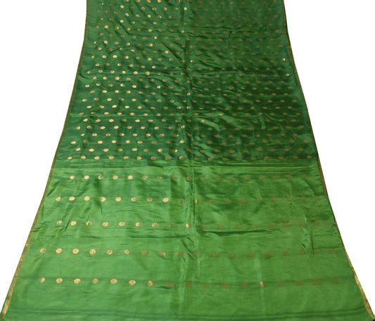 Sushila Vintage Green Sari Remnant Scrap Zari Brocade Art Silk 5Yds Craft Fabric