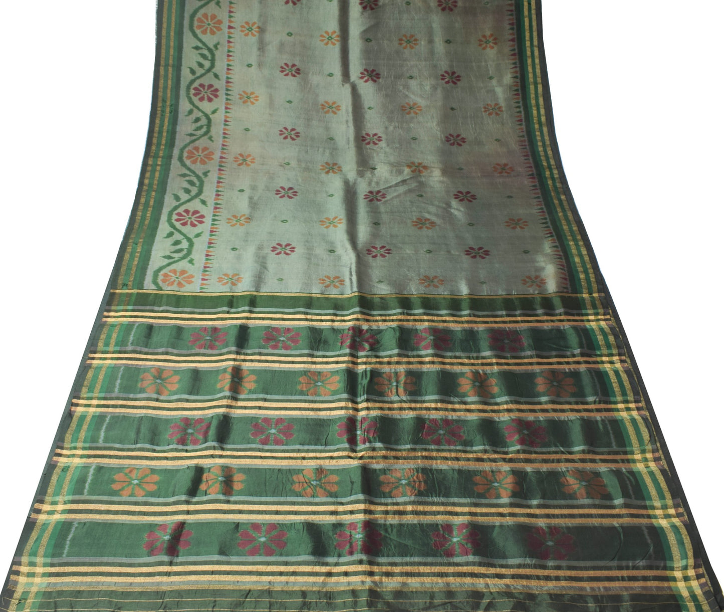 Sushila Vintage Green Sari Remnant Scrap handwoven Odisha Pure Silk Craft Fabric