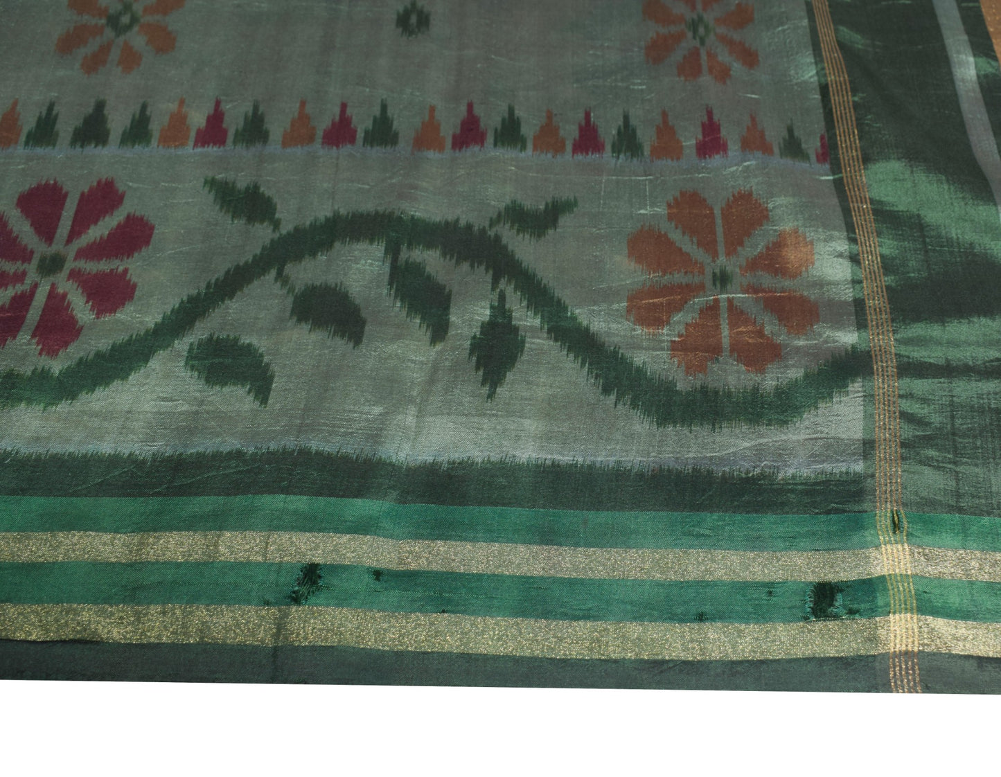 Sushila Vintage Green Sari Remnant Scrap handwoven Odisha Pure Silk Craft Fabric