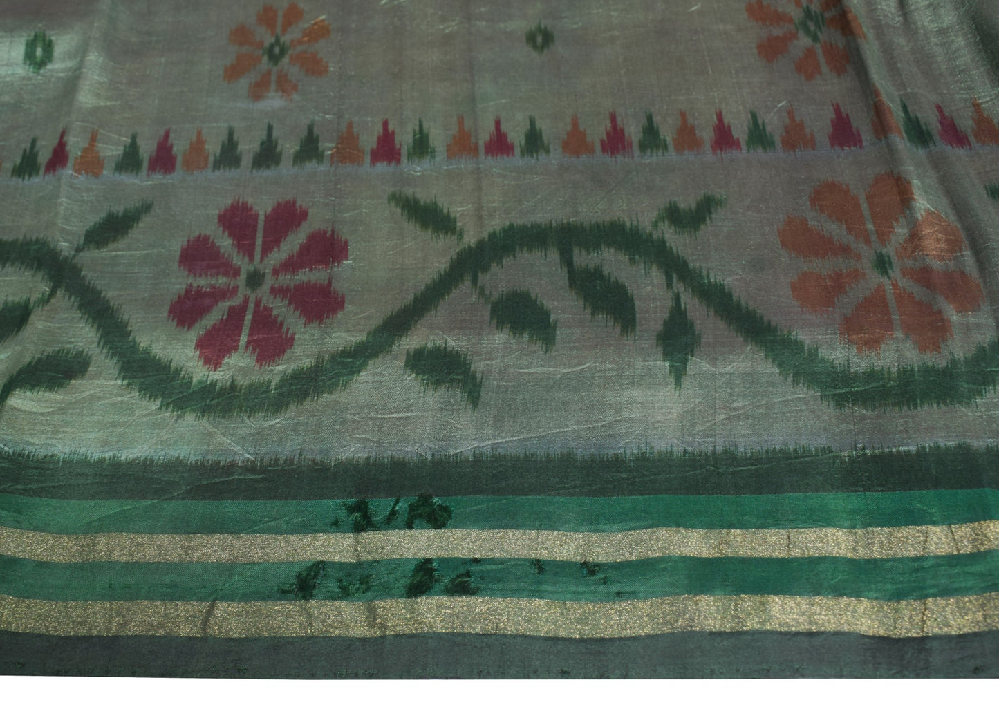 Sushila Vintage Green Sari Remnant Scrap handwoven Odisha Pure Silk Craft Fabric