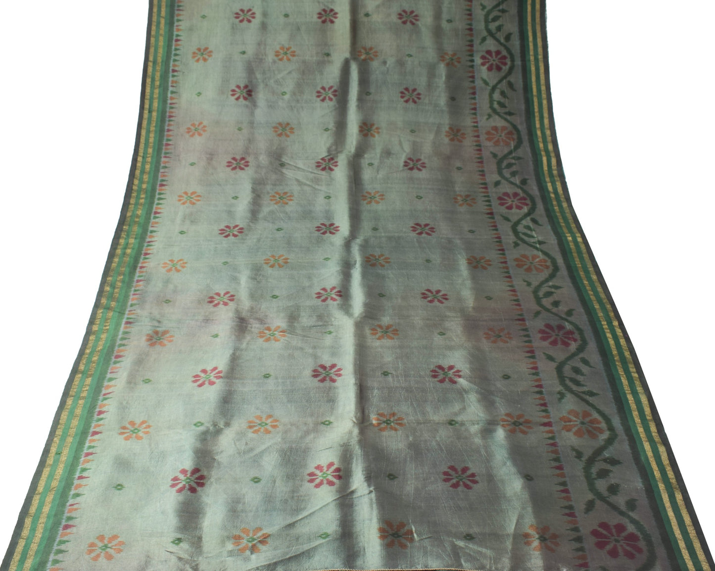 Sushila Vintage Green Sari Remnant Scrap handwoven Odisha Pure Silk Craft Fabric