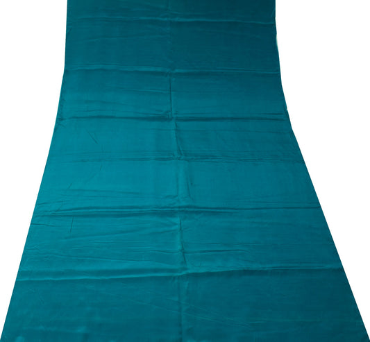 Sushila Vintage Teal Blue Sari Remnant Scrap Pure Crepe Silk Plain Craft Fabric
