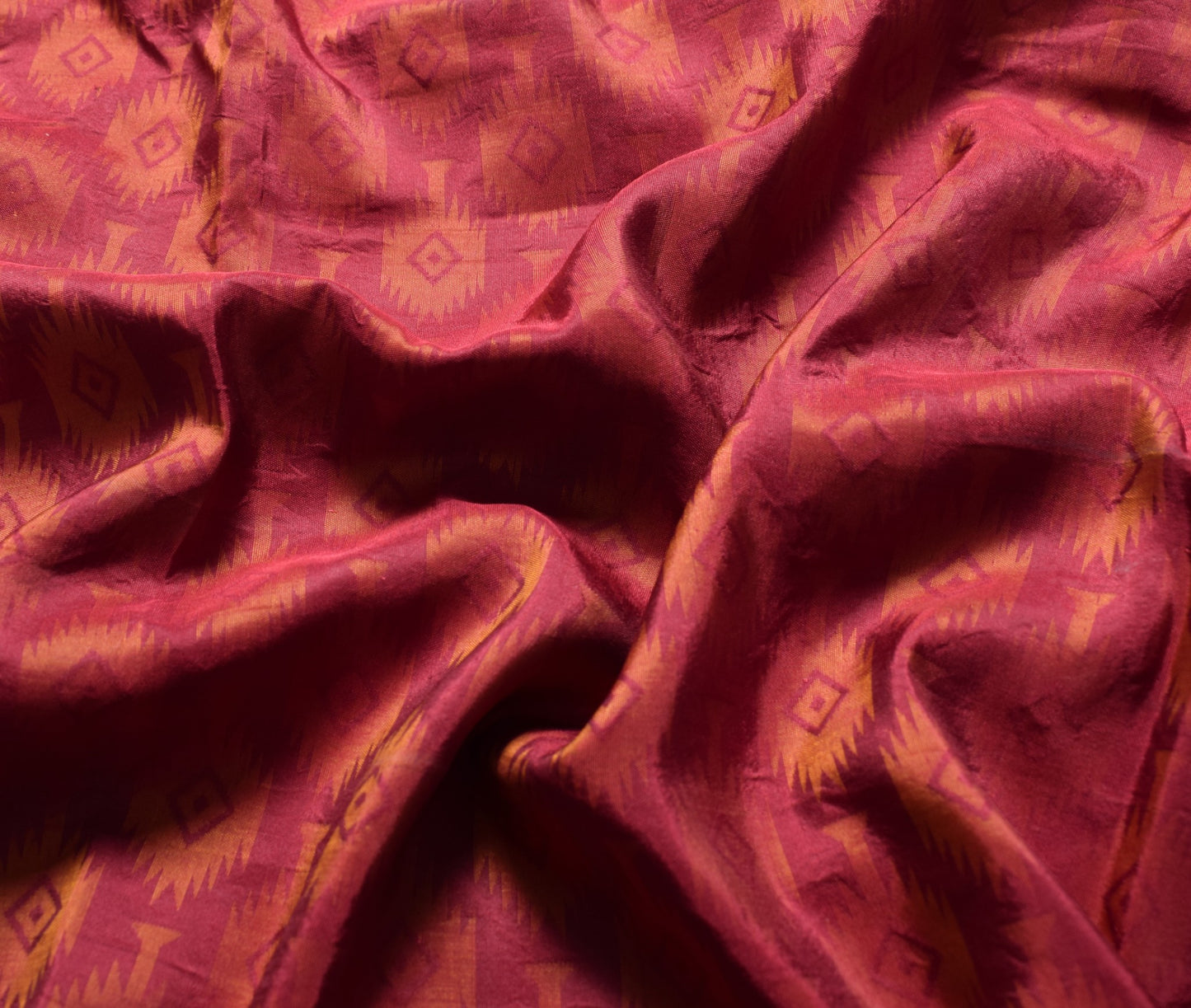 Sushila Vintage Maroon Sari Remnant Scrap Woven Pure Silk Geometric Craft Fabric