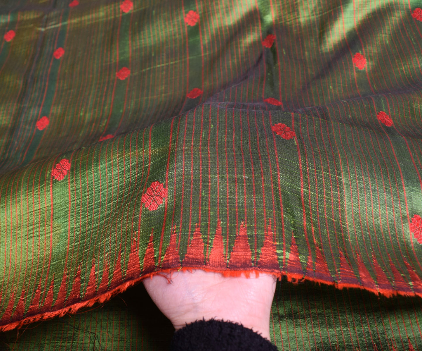Sushila Vintage Green Sari Remnant Scrap Handwoven Floral Pure Silk Craft Fabric