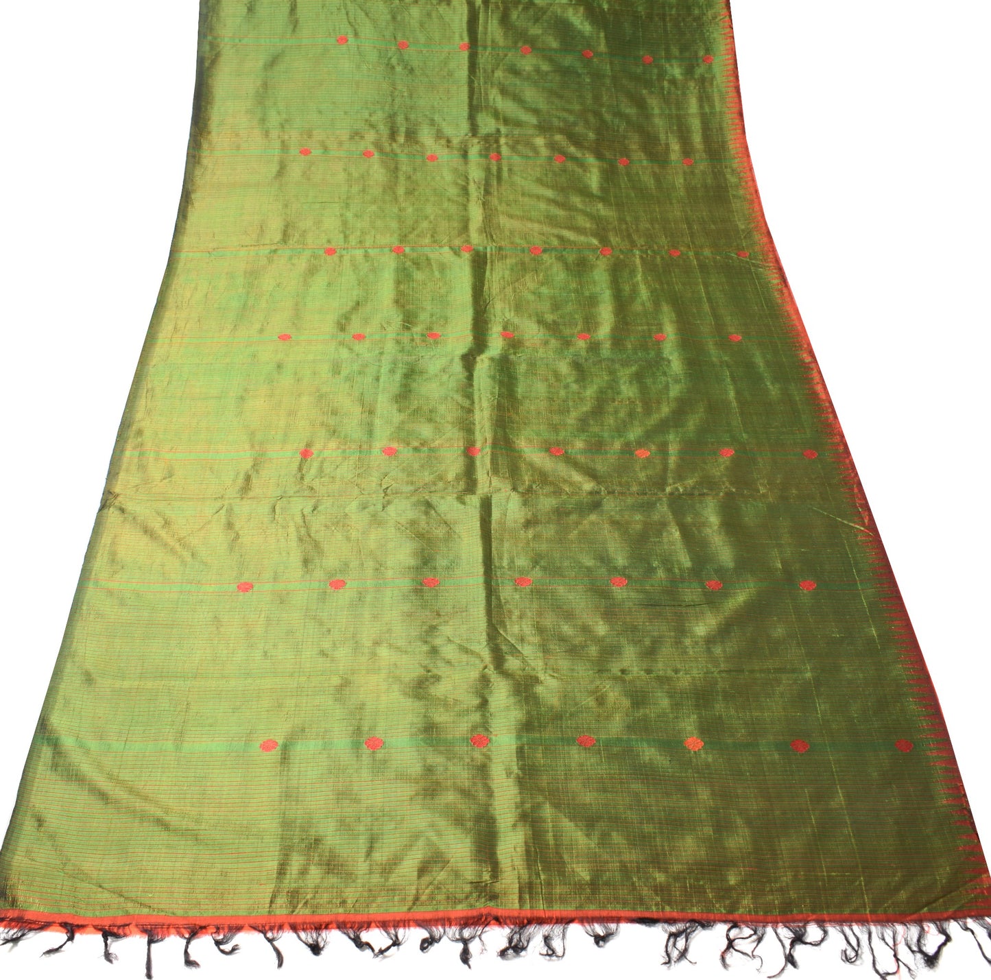Sushila Vintage Green Sari Remnant Scrap Handwoven Floral Pure Silk Craft Fabric