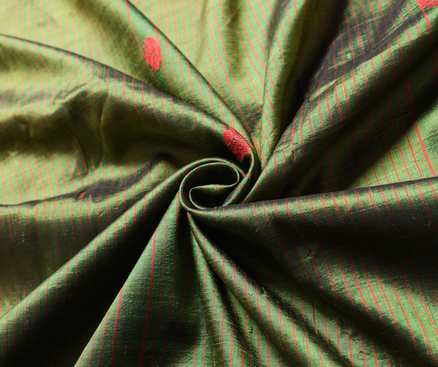 Sushila Vintage Green Sari Remnant Scrap Handwoven Floral Pure Silk Craft Fabric