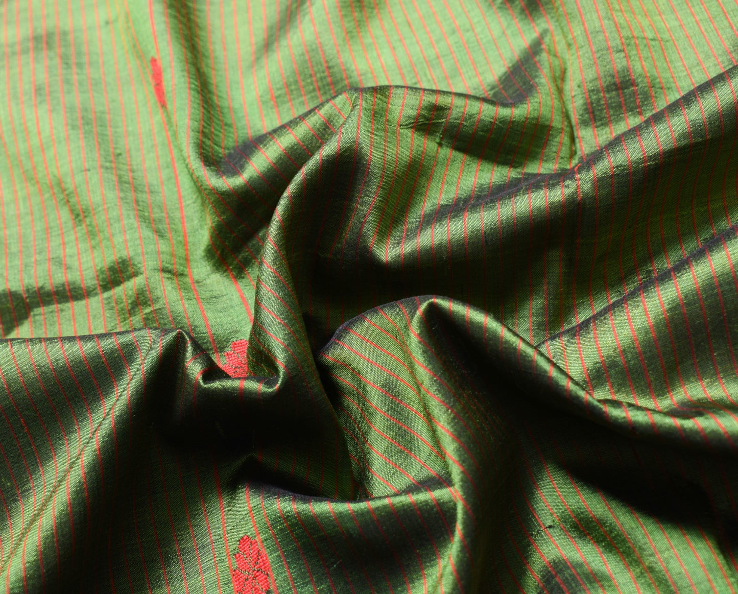 Sushila Vintage Green Sari Remnant Scrap Handwoven Floral Pure Silk Craft Fabric