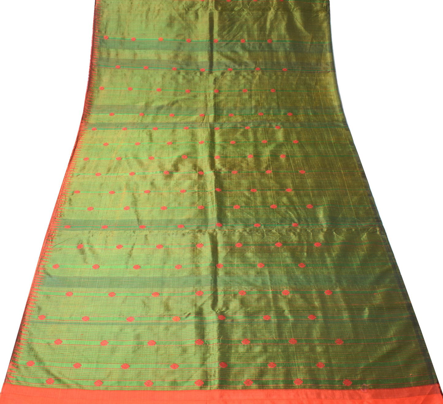Sushila Vintage Green Sari Remnant Scrap Handwoven Floral Pure Silk Craft Fabric