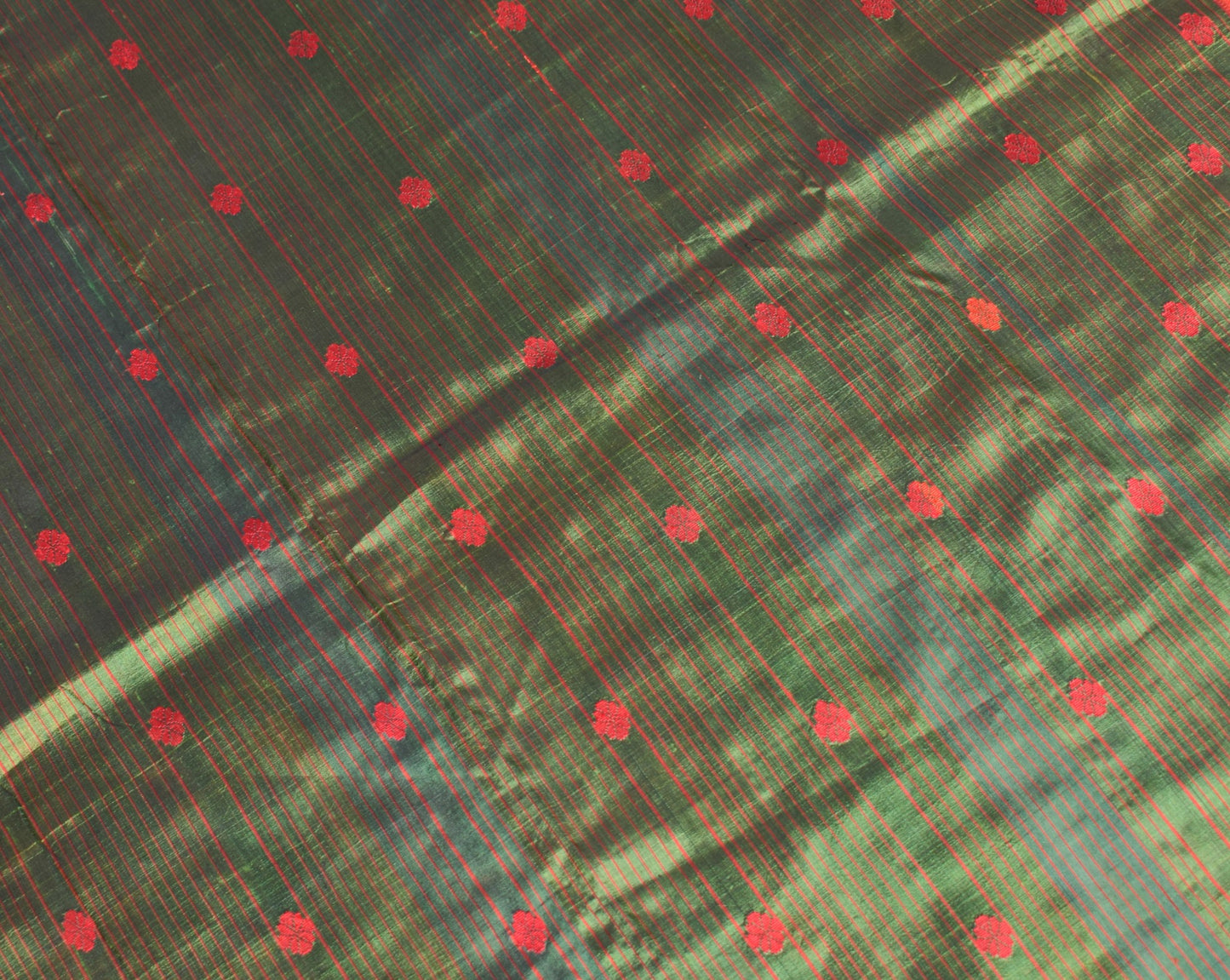Sushila Vintage Green Sari Remnant Scrap Handwoven Floral Pure Silk Craft Fabric