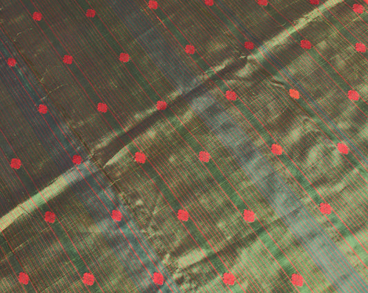 Sushila Vintage Green Sari Remnant Scrap Handwoven Floral Pure Silk Craft Fabric