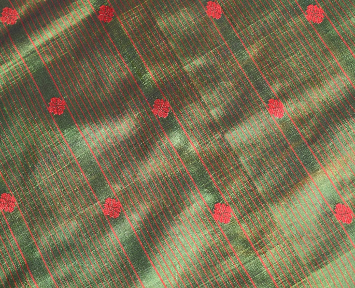 Sushila Vintage Green Sari Remnant Scrap Handwoven Floral Pure Silk Craft Fabric