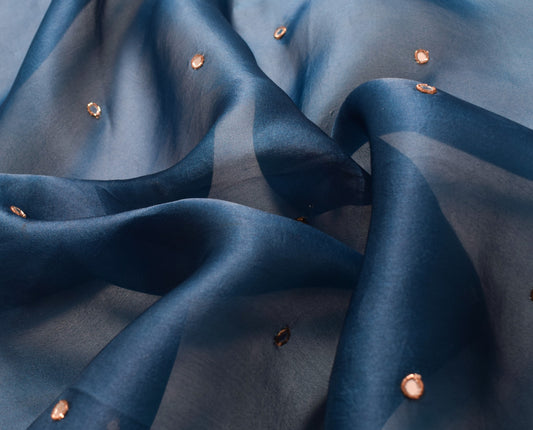 Sushila Vintage Blue Sari Remnant Scrap Mirror Work Pure Organza Craft Fabric