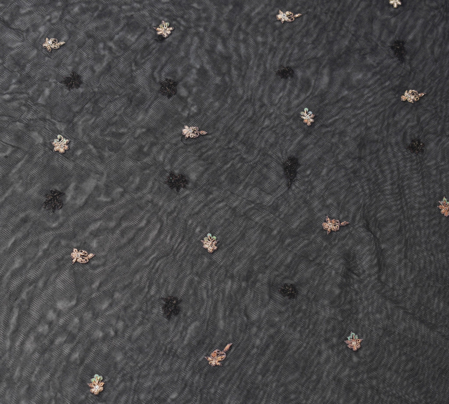 Sushila Vintage Black Net Sari Remnant Scrap Zari Embroidery Floral Craft Fabric