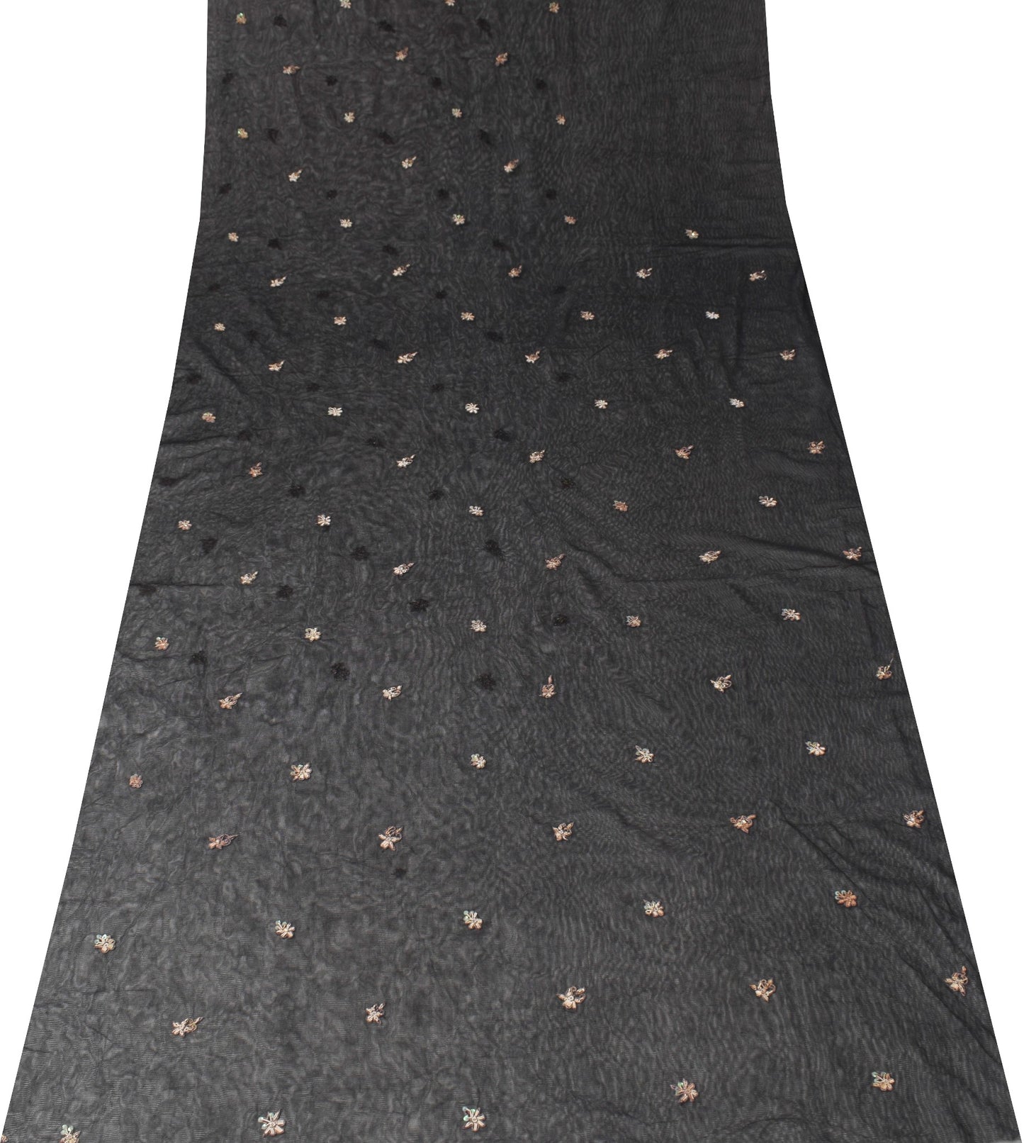 Sushila Vintage Black Net Sari Remnant Scrap Zari Embroidery Floral Craft Fabric